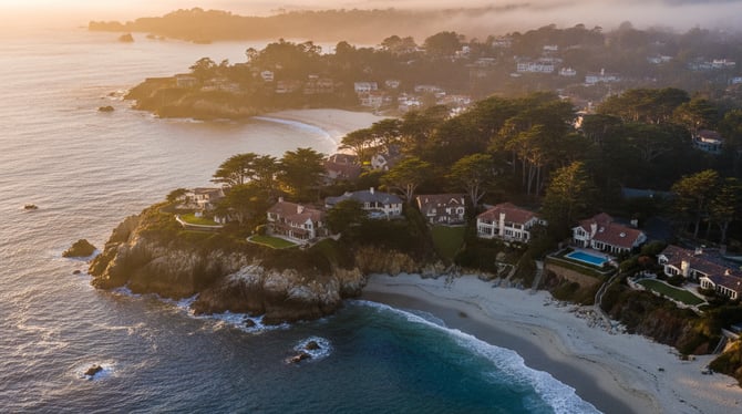 Aerial view of Carmel coastline at golden hour with cypress trees and ocean